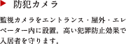 防犯カメラ　監視カメラをエントランス・屋外・エレベーター内に設置。高い犯罪防止効果で入居者を守ります。